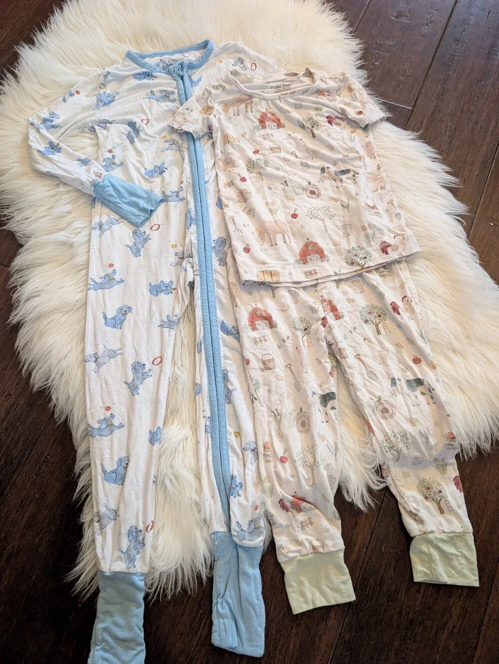 Bundle! Angel Dear Blue Cream Farm Dogs Pajama Set Footies 24 Months 18-24 Month